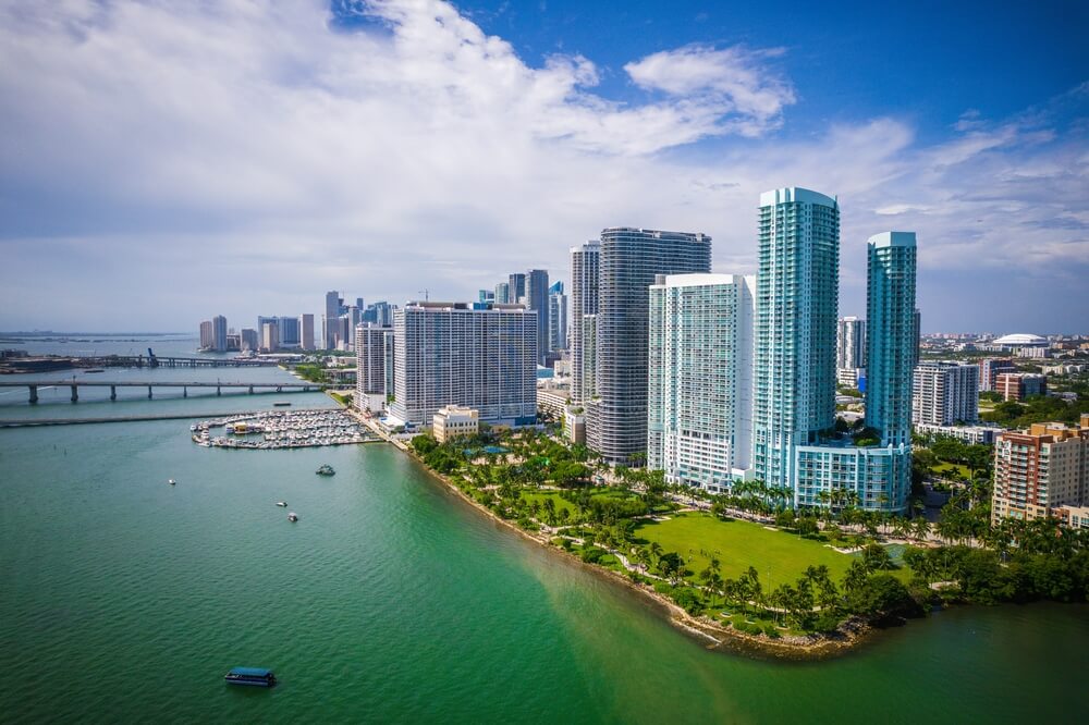 Aerial Drone of Beautiful Miami Biscayne Bay Florida.