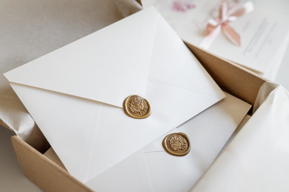 White envelopes sealed with golden floral wax stamp.